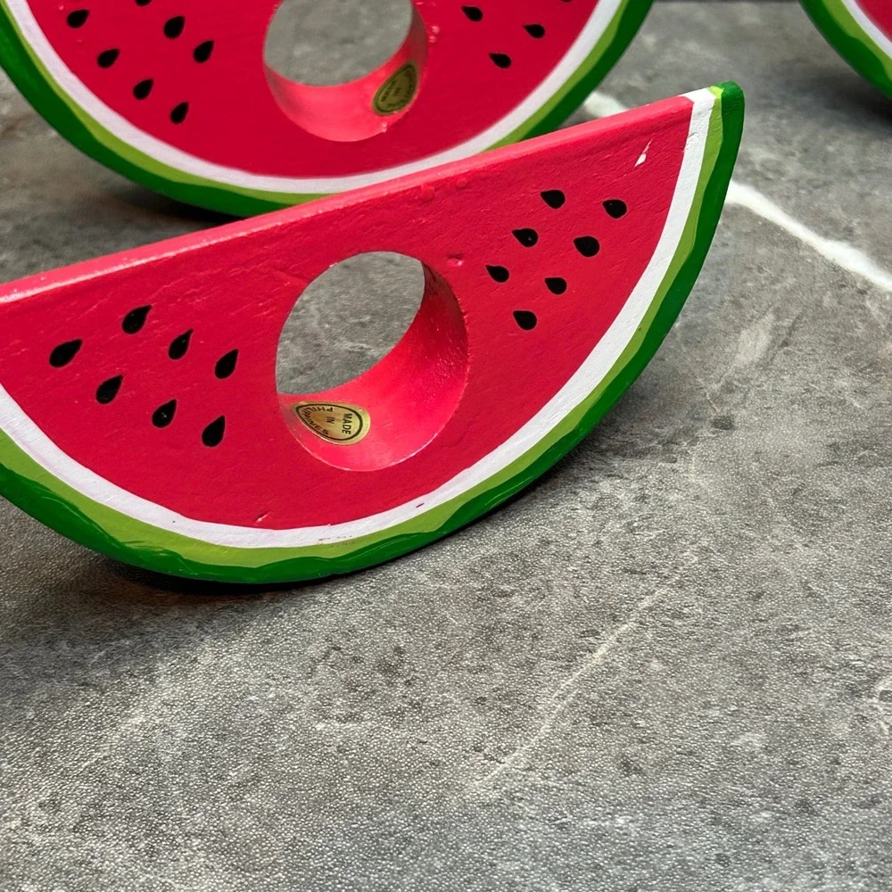 Vintage Watermelon Wooden Napkin Rings Set of 4 Hand Painted Fruit Picnic Decor